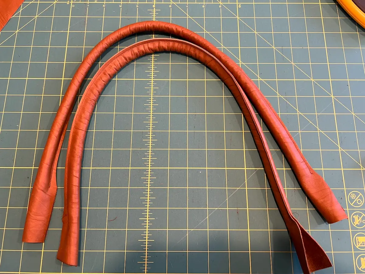 Patchwork tote leather handles ready to get ends finished