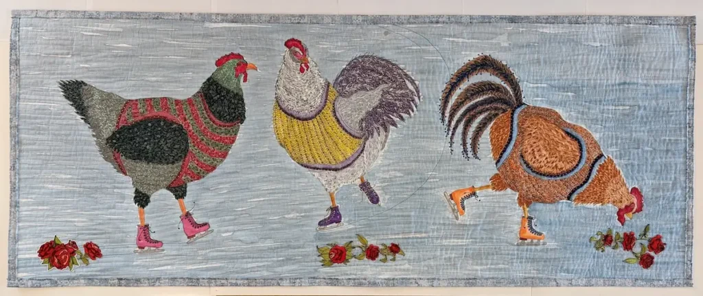 Impossible Chickens on Ice fiber art by Rosanna Lynne Welter