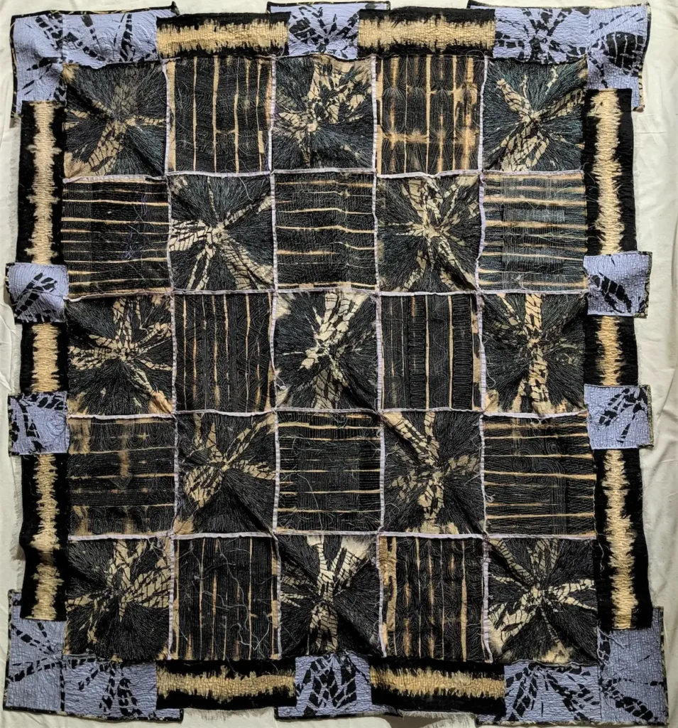 African Violets discharge fiber art by Rosanna Lynne Welter