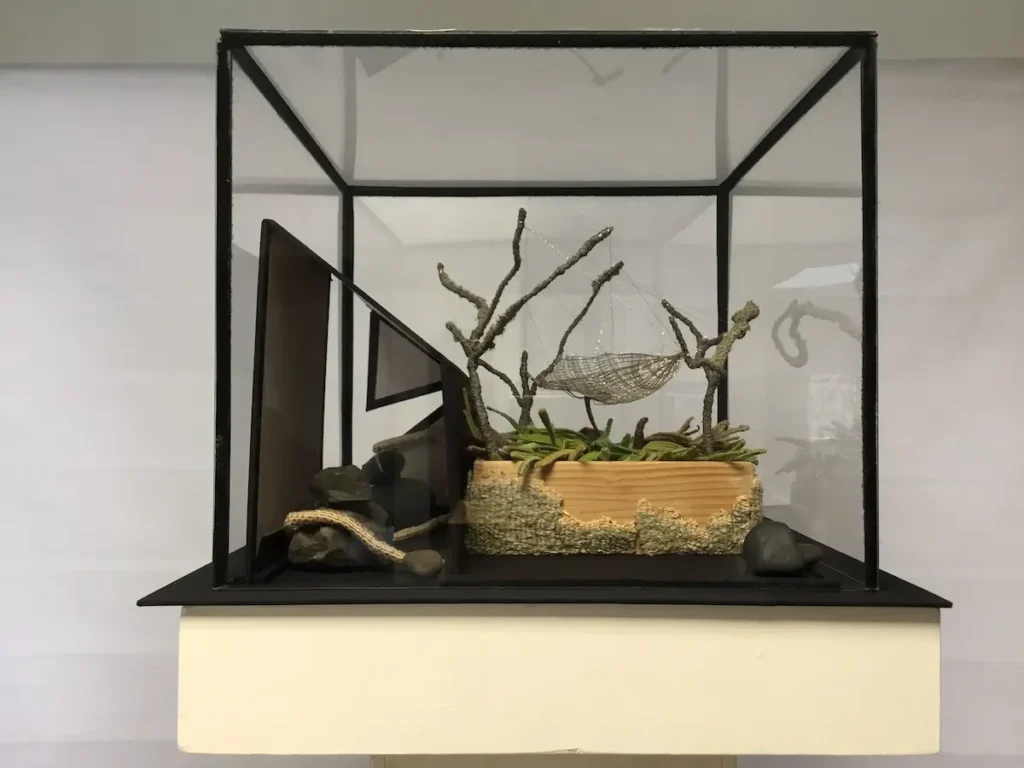 Detail showing the golden thread snake on the Wonder Series - Sheet Weaver Money Spider fiber art by Susan Martin Maffei