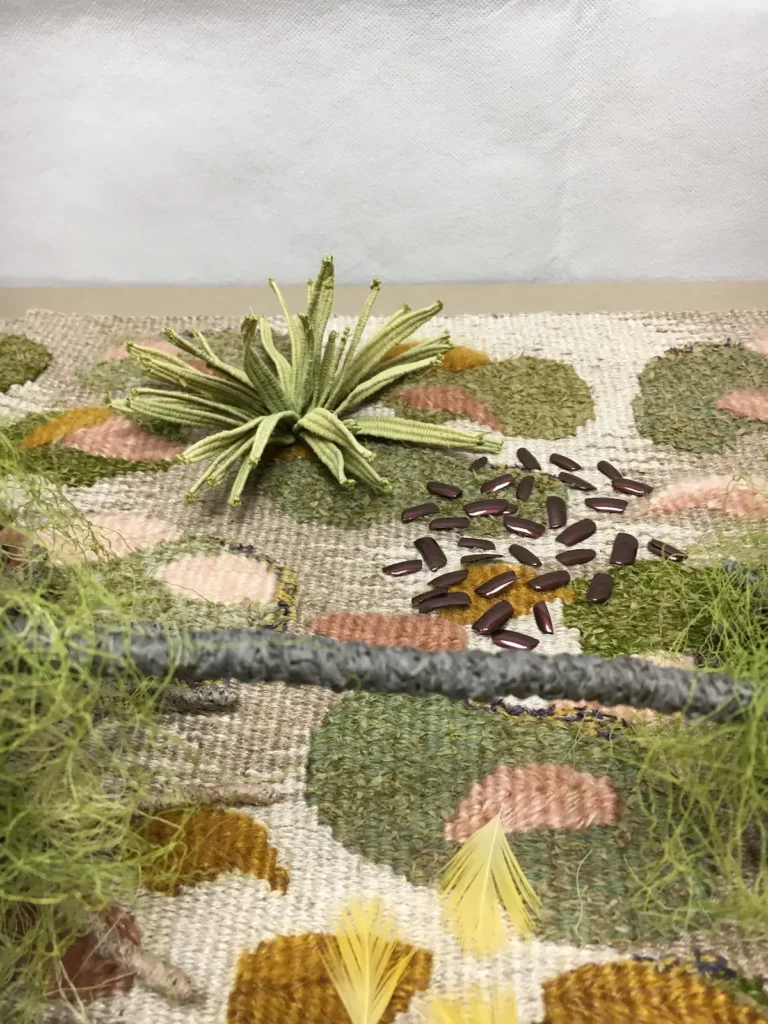 Detail 1 Golden Bower Bird fiber art by Susan Martin Maffei