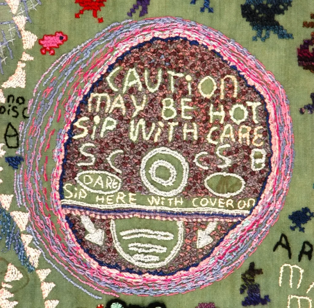 Detail of count your blessings fiber art by Tilleke Schwarz