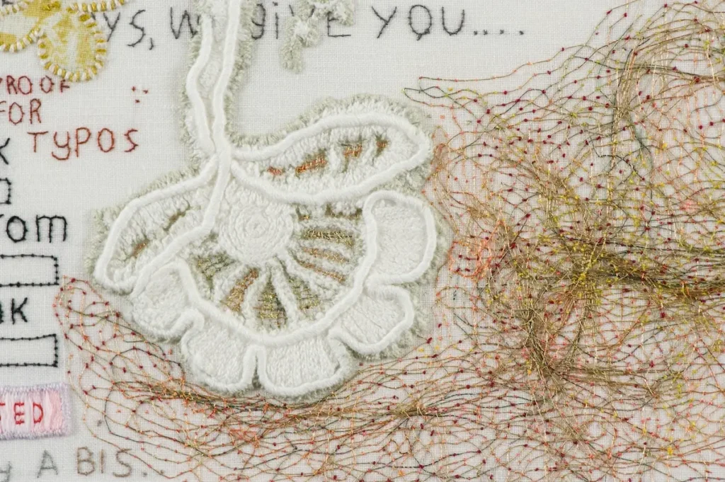 Detail of Unfollow fiber art by Tilleke Schwarz