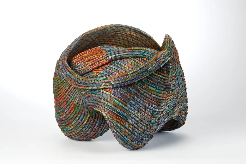 Large mulitcolor woven pine needle basket by Clay Burnette