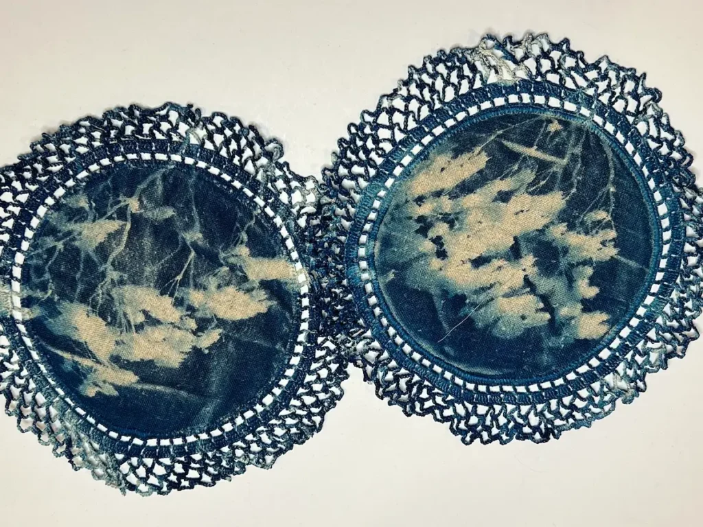 Cyanotype babys breath on old linens