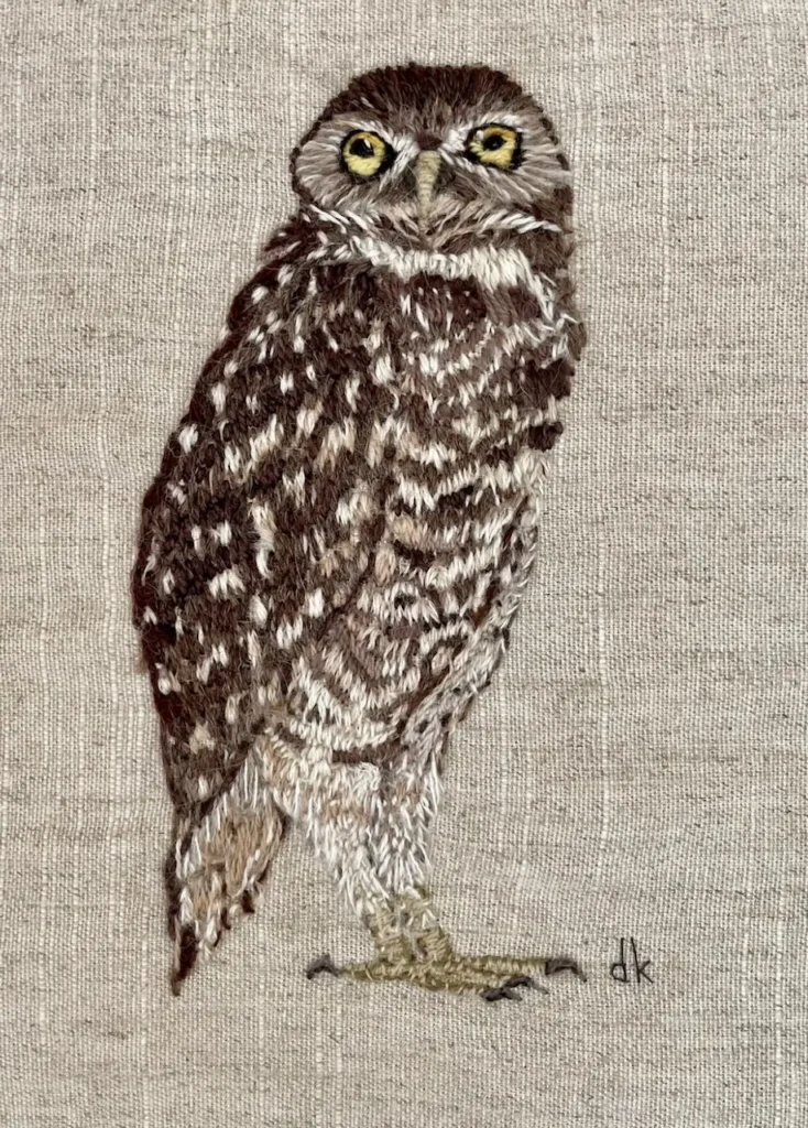 Burrow Owl embroidery by Deborah Kemball