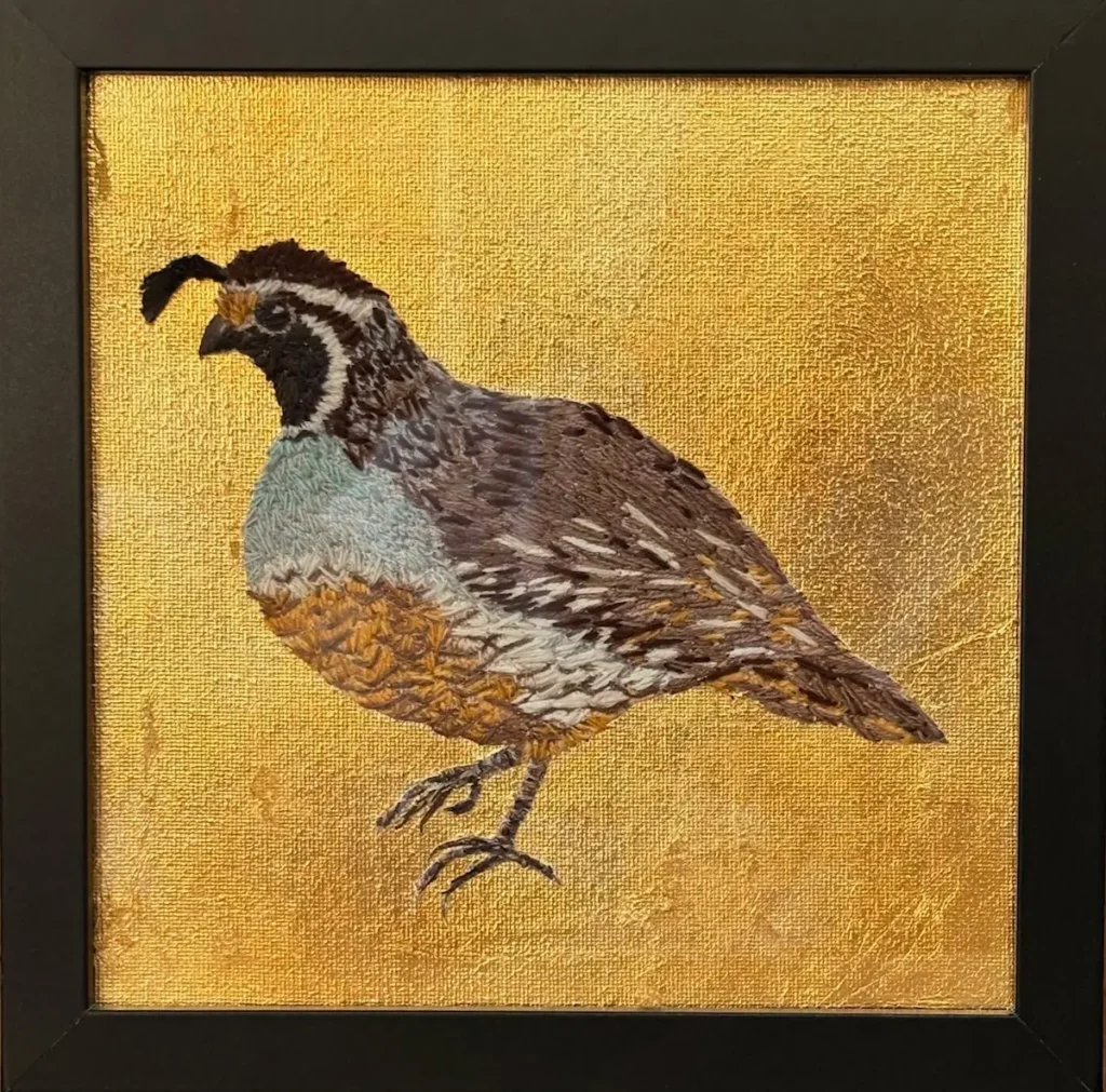 Californian Quail embroidery on Gold Leaf by Deborah Kemball