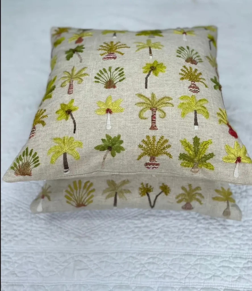 Palm Tree Cushions embroidered by Deborah Kemball