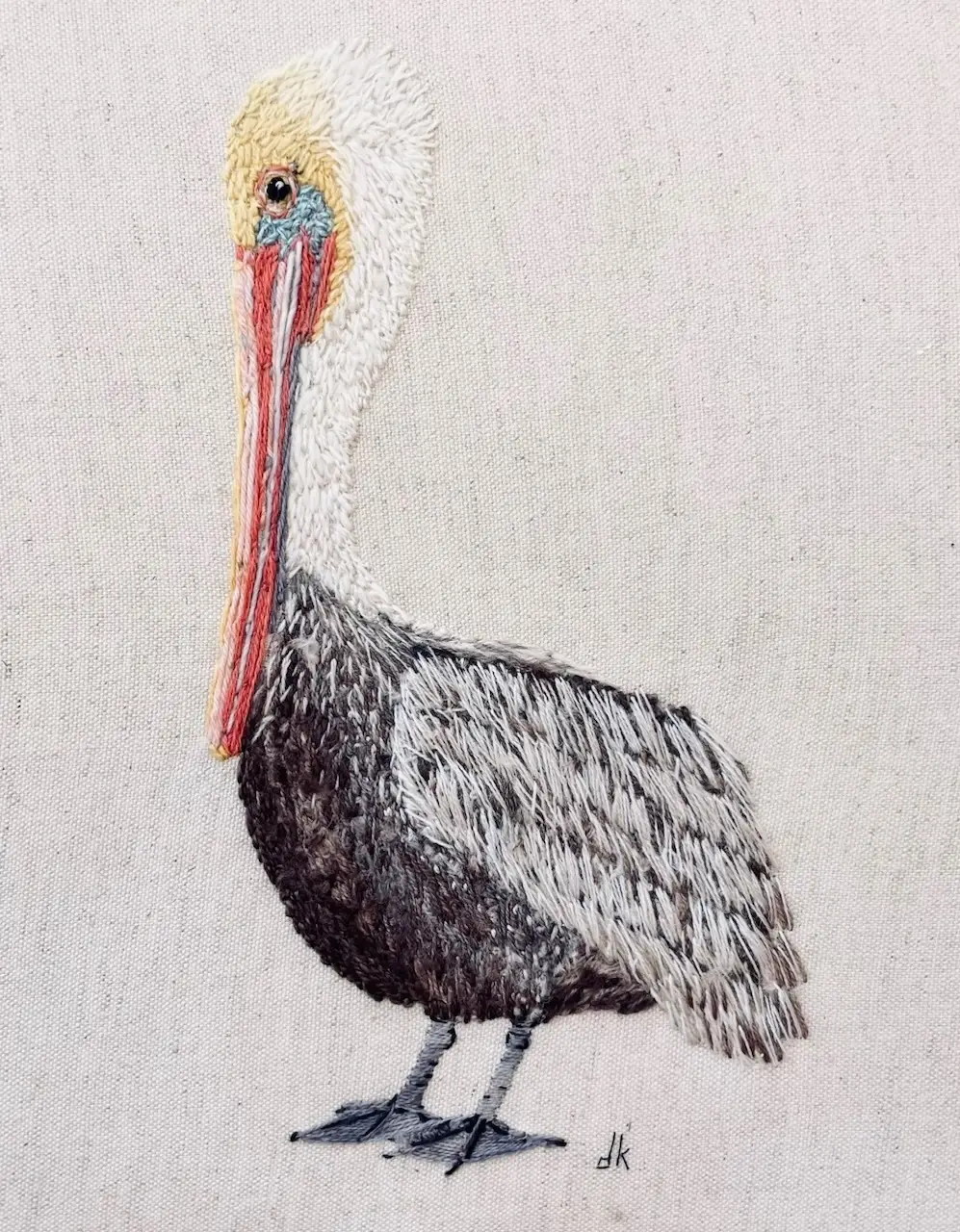 Pelican embroidery by Deborah Kemball