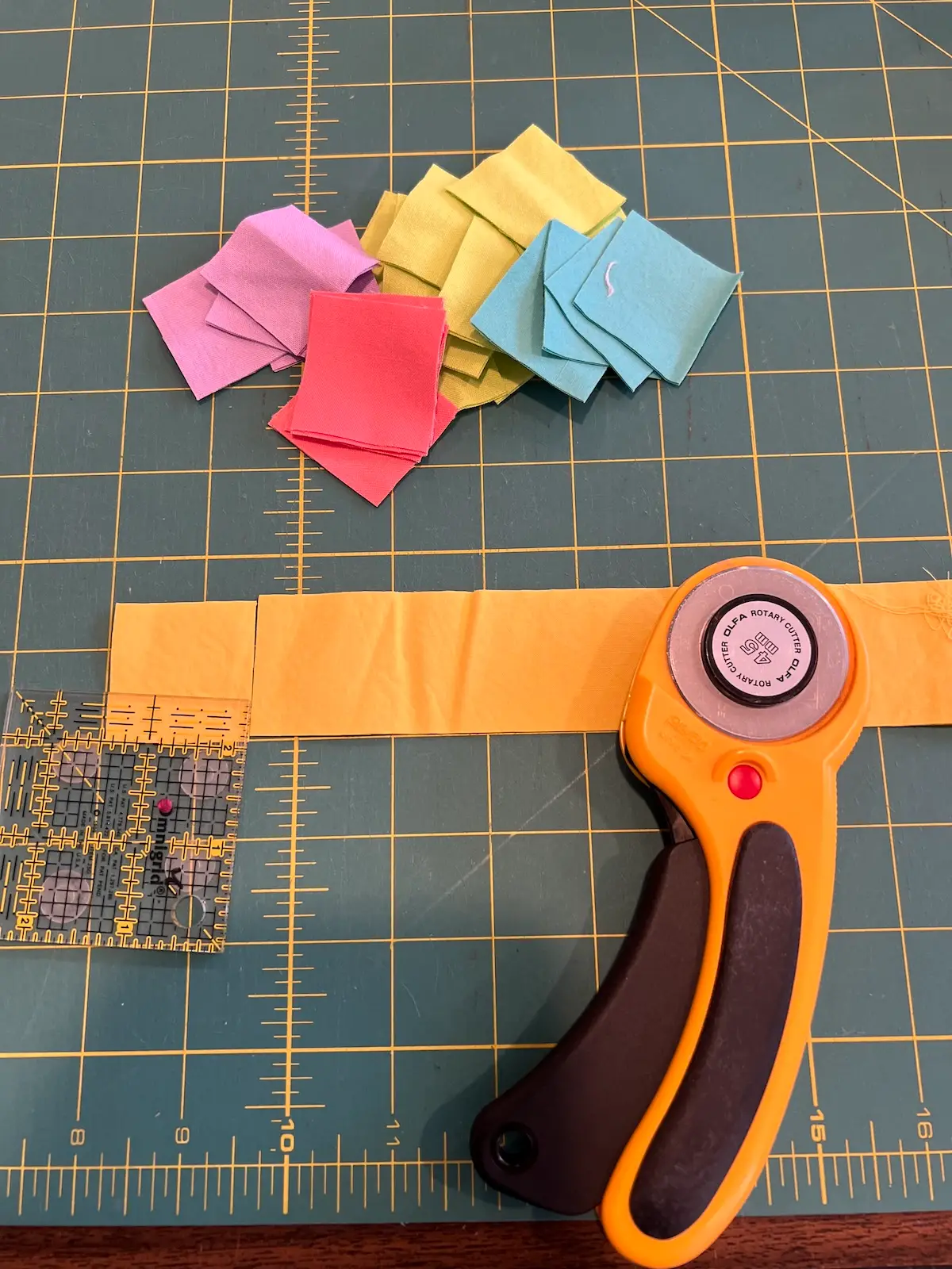 Easter Patchwork basket cutting the 1-1/2 inch squares