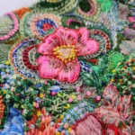 Detail of a pink embroidered flower by Fleur Woods