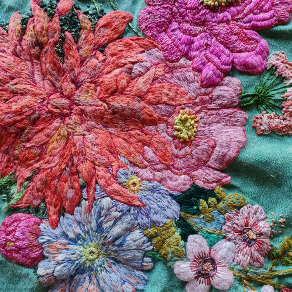 Details of orange, pink and lavender flowers on a teal background by Fleur Woods