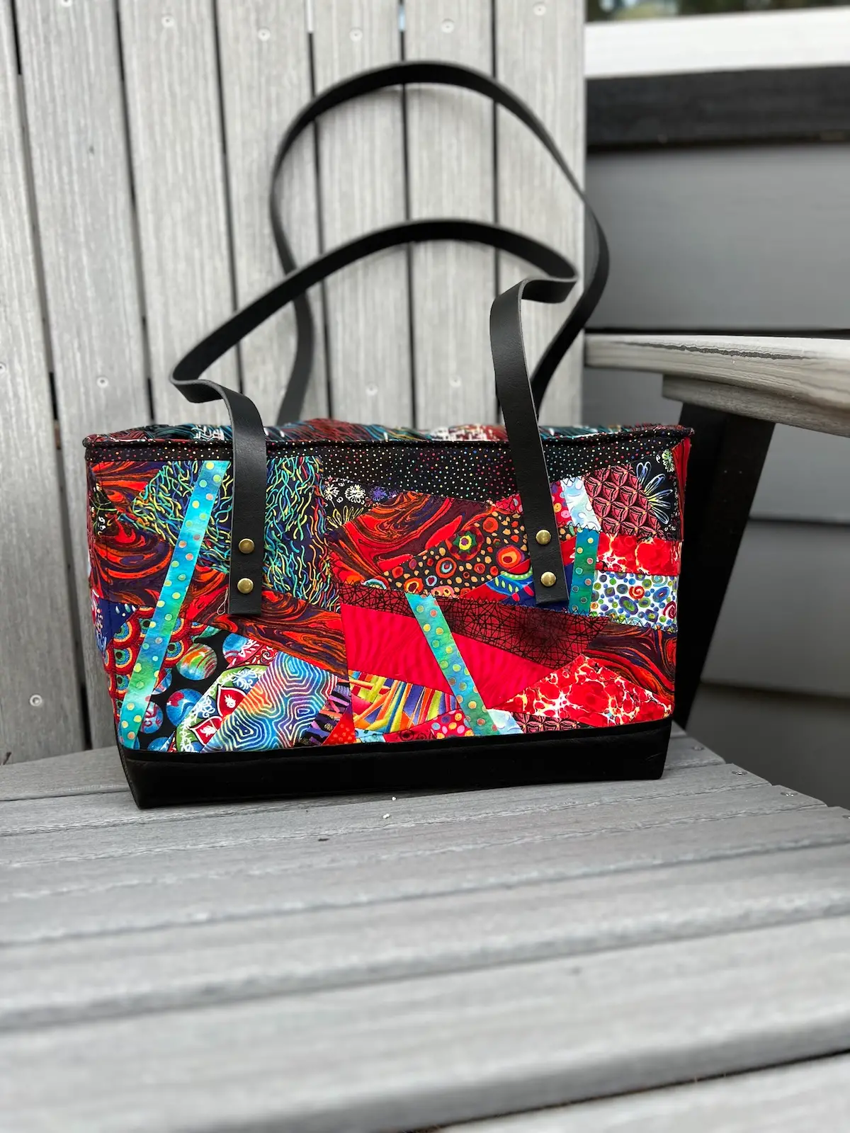 Finished patchwork tote with rivet leather handles 2