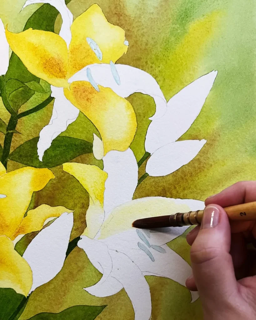 Sunshine Lilies in progress watercolor by Louis Davidson and Morgaine Davidson