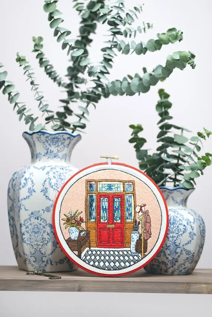 Red door embroidery by Penny Dowdell