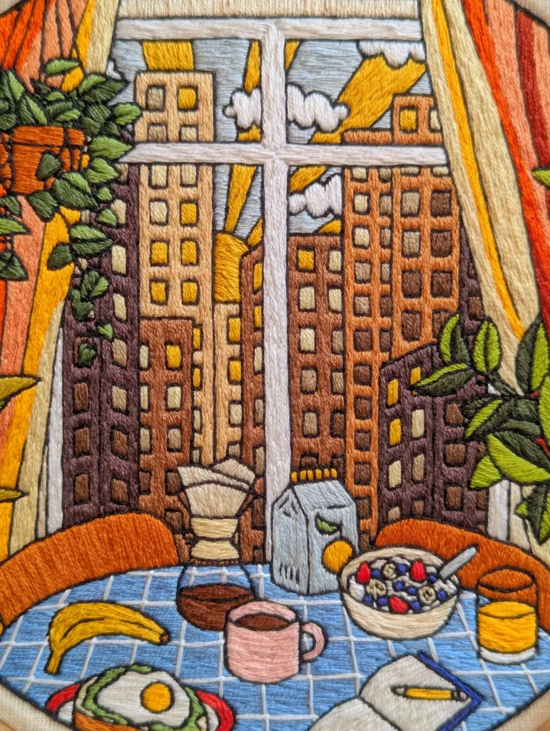 City Sunrise embroidery by Penny Dowdell