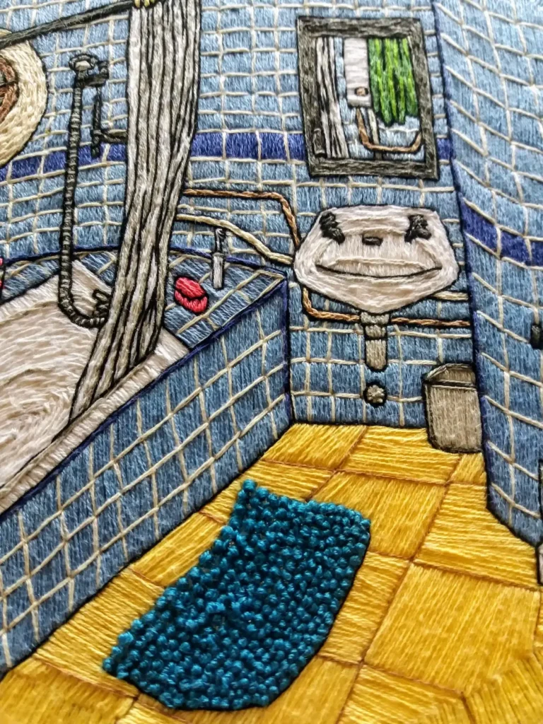 Hong Kong Blue Bathroom embroidery by Penny Dowdell