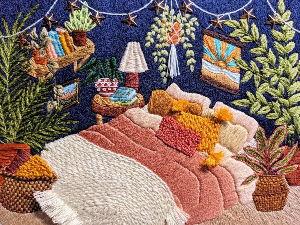 Textured Bedroom embroidery with no outlines by Penny Dowdell
