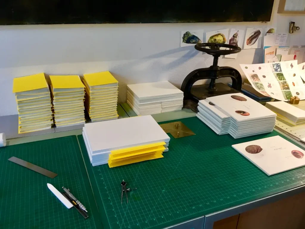 Collating the pages for At Low Water book by Rebecca Chamlee