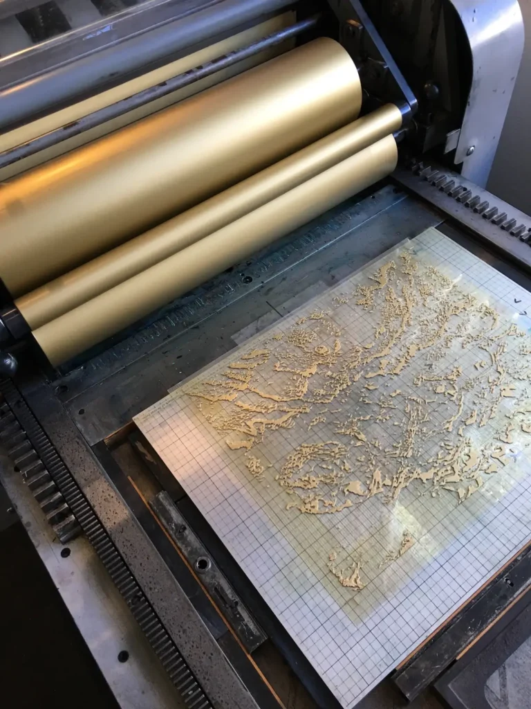 Printing the gold cover for At Low Water book by Rebecca Chamlee