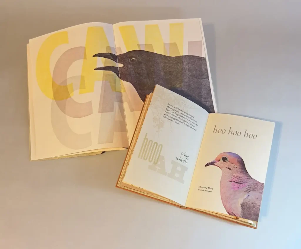 Inside of Listen book showing a crow and a dove by Rebecca Chamlee