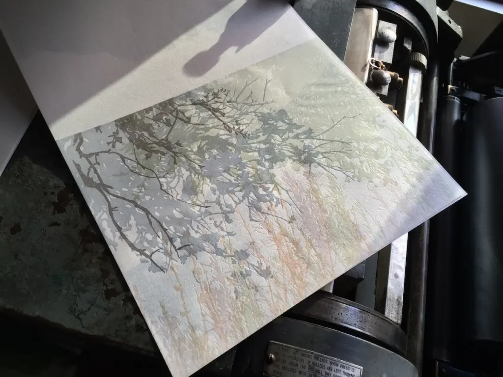 Printing the trees for Where Stucco Meets by Rebecca Chamlee