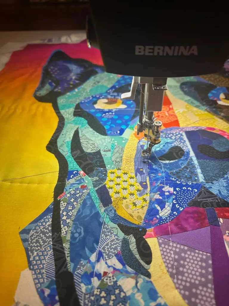 Abstract Dog art quilt in progress by Theresa Benson