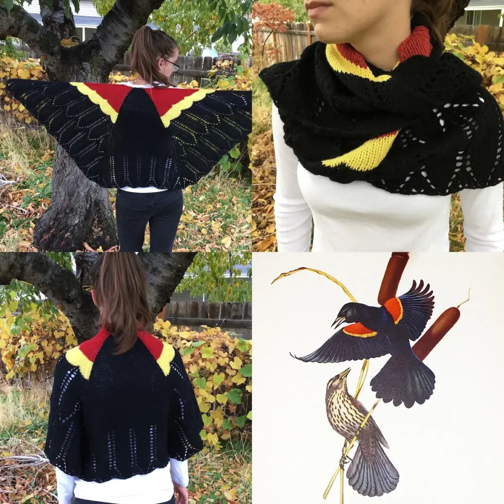 Red-winged Blackbird knitted shawl by Virginia Catherall