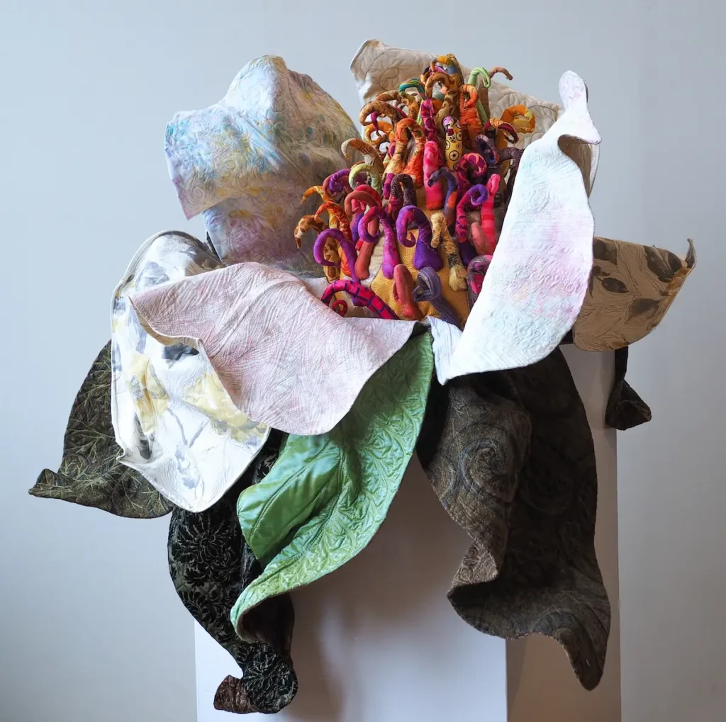 Magnolia Grandiflora III, Resurrected quilted textile fiber art by Andrea Finch