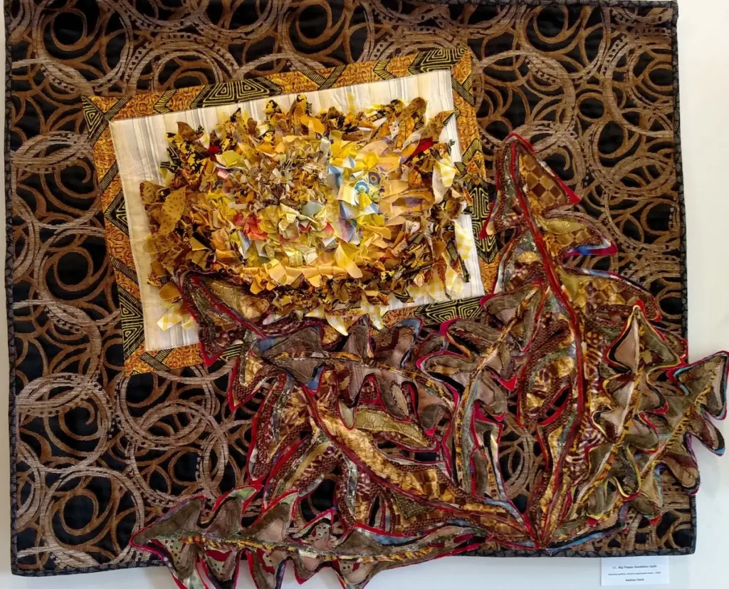 Taraxacum officinale V Curls III, Shaggy Dandelion art quilt by Andrea Finch