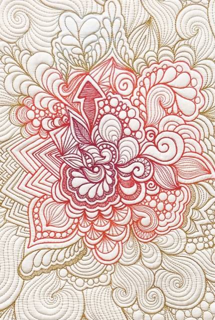 white whole cloth quilt with gold and red stitching by Karlee Porter
