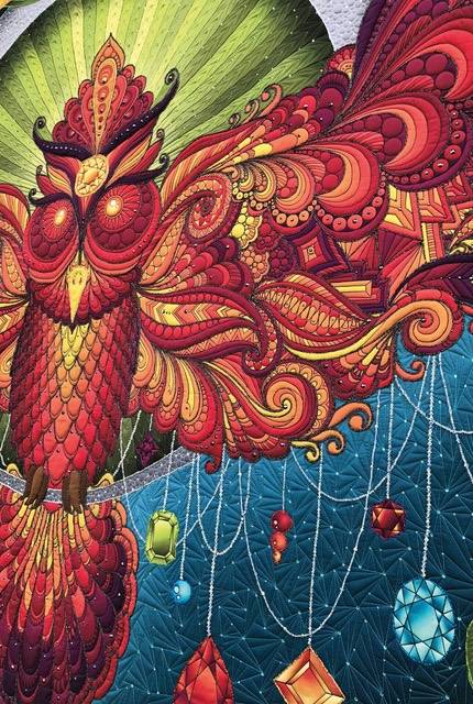 Whole cloth quilt with owl and jewels stiched by Karlee Porter