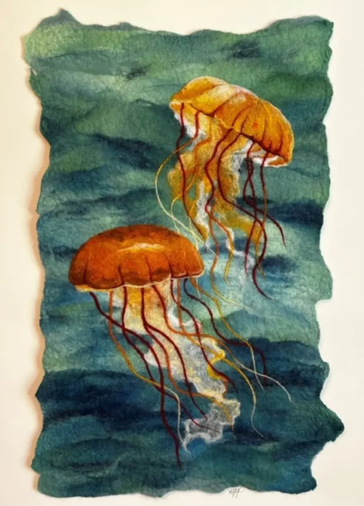 Jellyfish felted fiber art by Kelly Conrad