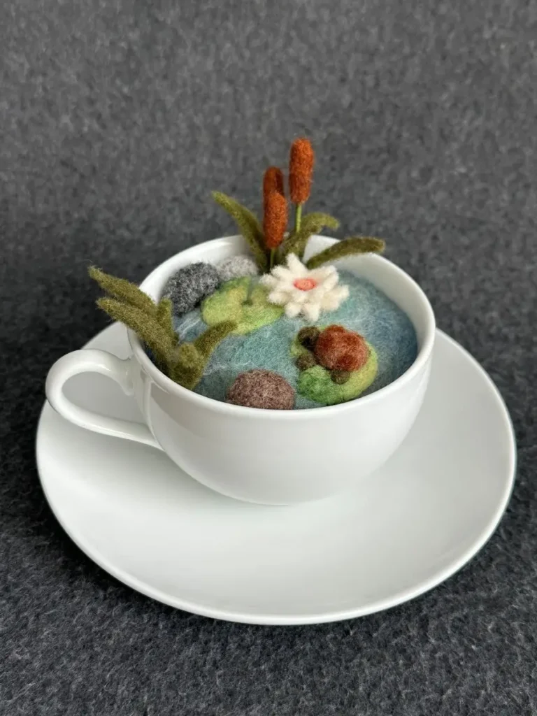 Pond Tea Cup fiber art by Kelly Conrad
