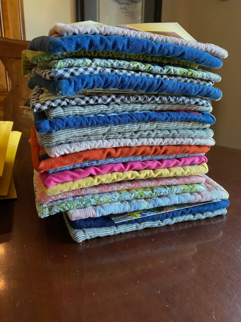 Close up of stack of potholders that Lela O'Dell made during the pandemic
