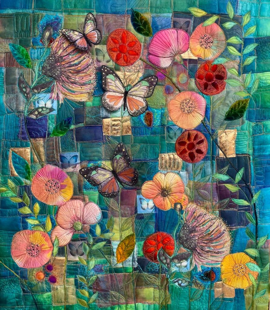 Butterflies and flowers on teal background art quilt by Michelle Mischkulnig