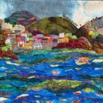 City along the ocean art quilt by Michelle Mischkulnig