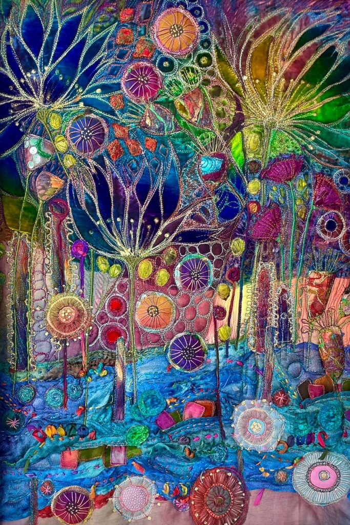 Blue flower art quilt by Michelle Mischkulnig