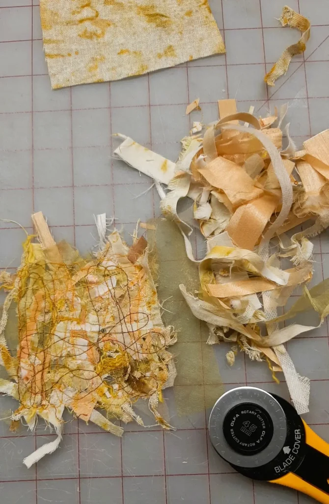 Bojagi scraps free motion embroidered by Paige St-Pierre