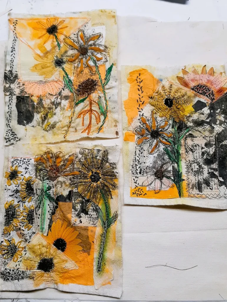 Fabric collage sunflowers by Paige St-Pierre