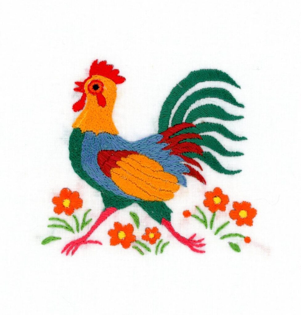 Rooster embroidery by Susie Johns