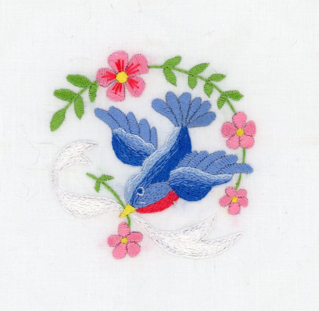 Bluebird banner embroidery motif by Susie Johns