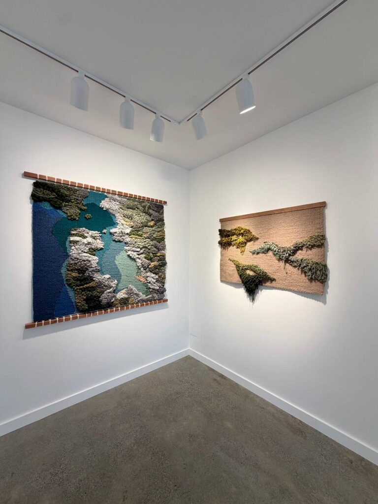 Two weavings on a gallery wall by Adriene Busch