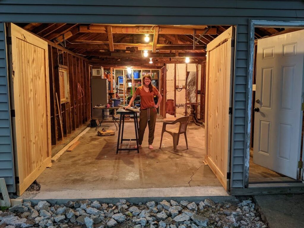 Annye Driscoll crafting in her future workshop during renovation