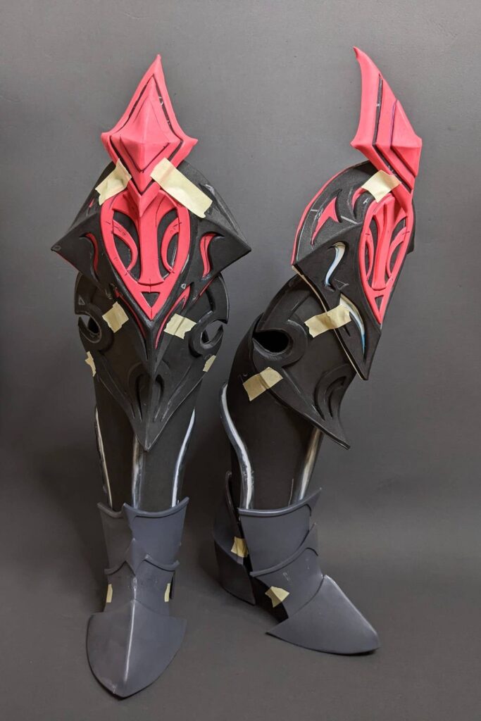 Boots, knee and calf armor in progress by Annye Driscoll