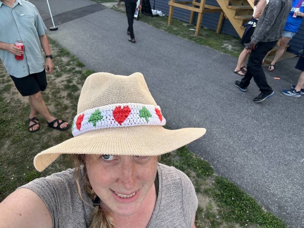 Candace Ohm with a crocheted hat band
