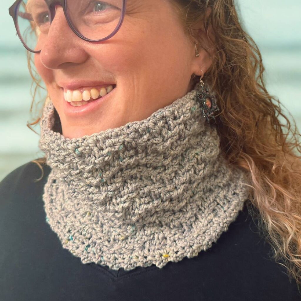 Candace Ohm in a crocheted scarf
