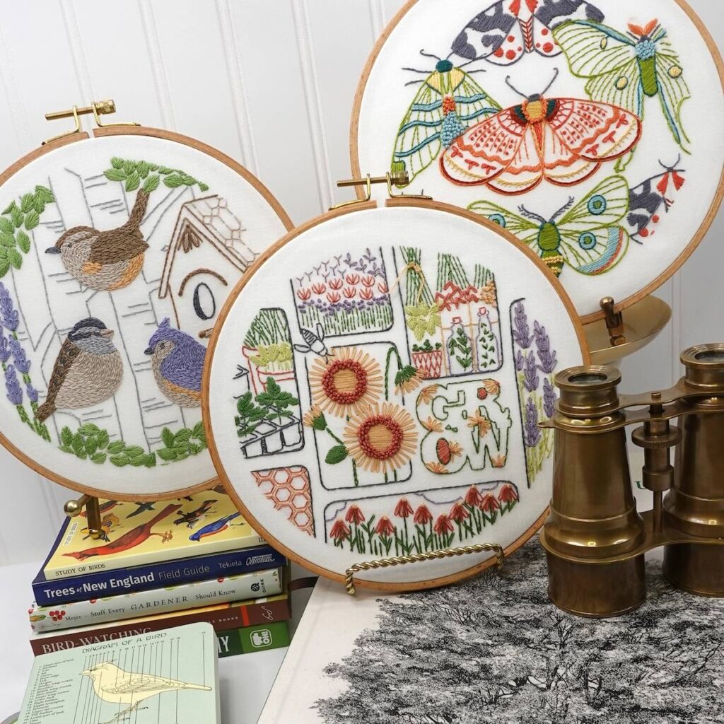 Birds, flowers and butterfly embroideries by Debbie Hodge