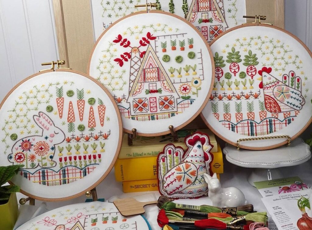 Bunny, house and chicken embroideries by Debbie Hodge