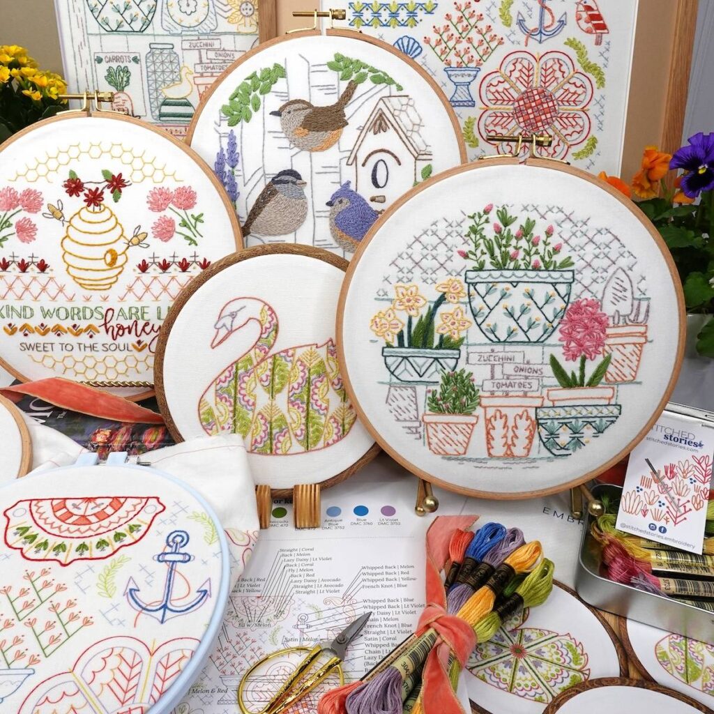 Honey bee, bird, swan and flower pot embroideries by Debbie Hodge